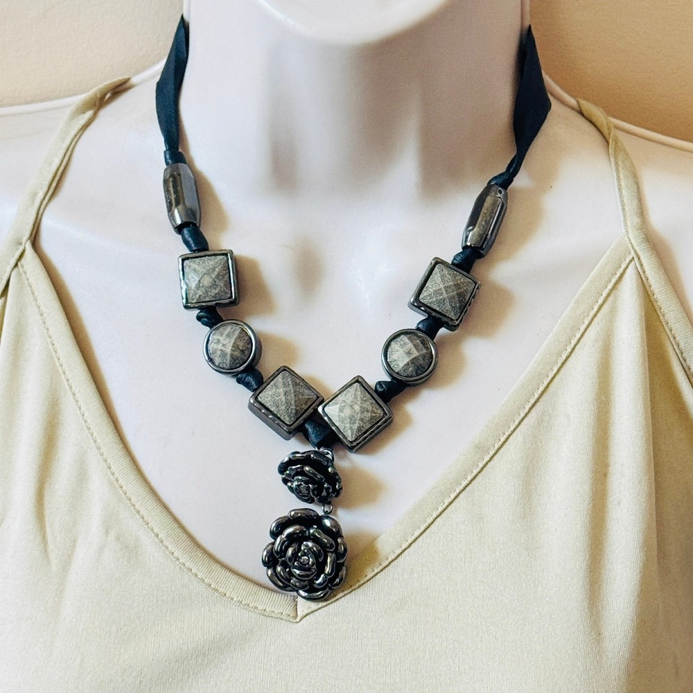 Bijoux Terner rose Necklace waterfall chunky statement silver tone Designerβ 20"